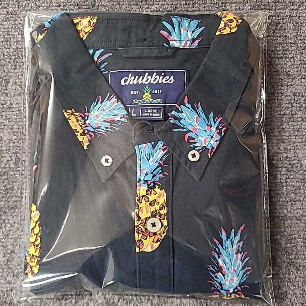 Chubbies‎ Shirt Mens L Black Pineapple Hawaiian Beach Pocket Short Sleeve Cotton - Picture 8 of 8